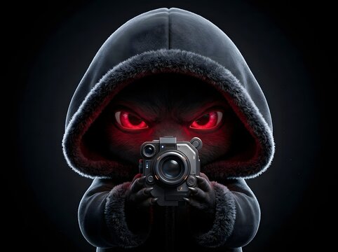 Mysterious Hooded Creature with Glowing Red Eyes Holding a Futuristic Camera Against Dark Background