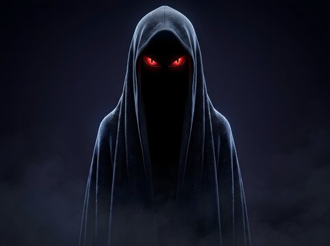 Mysterious Hooded Figure with Eerie Glowing Crimson Eyes Emerging from Dark Abyss for Haunting Atmosphere