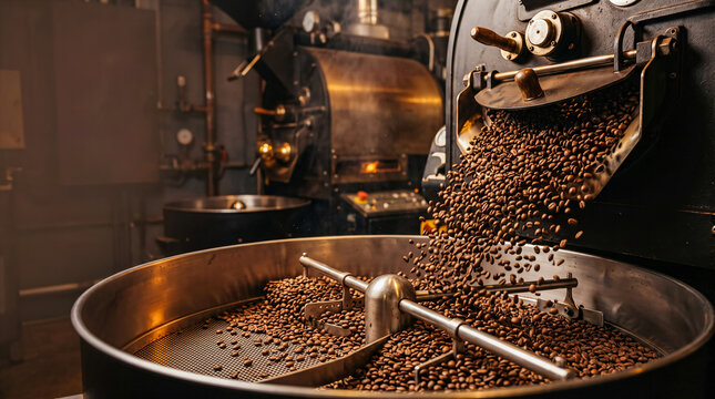Industrial coffee roaster machine cooling freshly roasted brown coffee beans