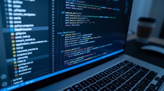 Laptop screen code editor close up software development