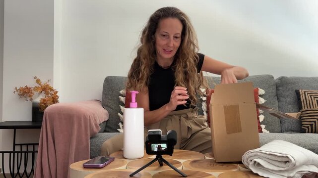 Mujer haciendo unboxing mientras graba contenido