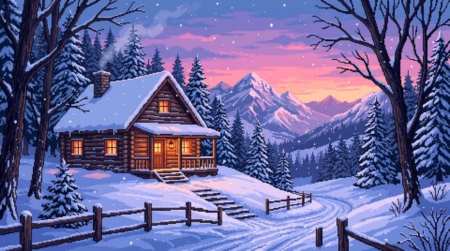 Cozy winter cabin in snowy landscape with mountains and colorful sunset pixel art illustration