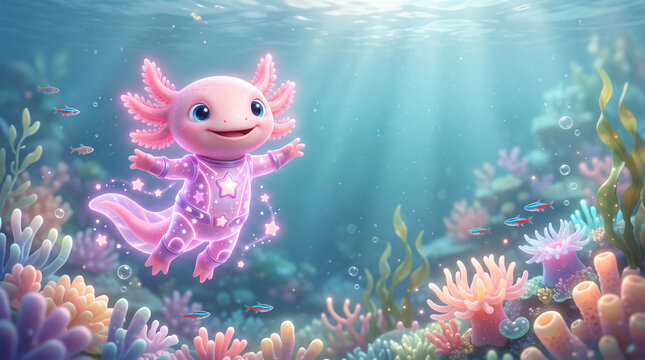 Adorable Pink Axolotl Superhero Floating in Star Powered Energy Suit Underwater Coral Reef