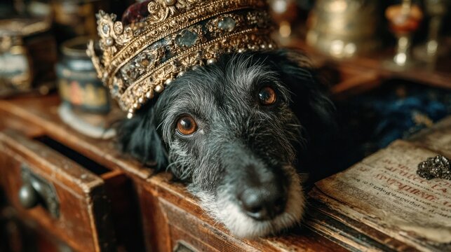 Close-up of dog wearing a jeweled crown resting on an antique wooden desk