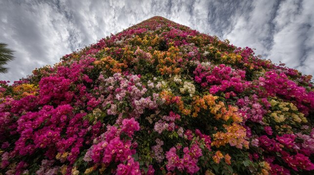 View up at a floral installation, featuring cascading blossoms against a dramatic sky