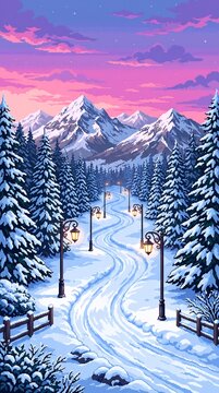 Pixel art winter landscape with snowy mountains winding road and illuminated street lamps