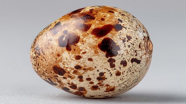 A close-up shot of a speckled, brown and cream-colored bird egg set against a neutral background