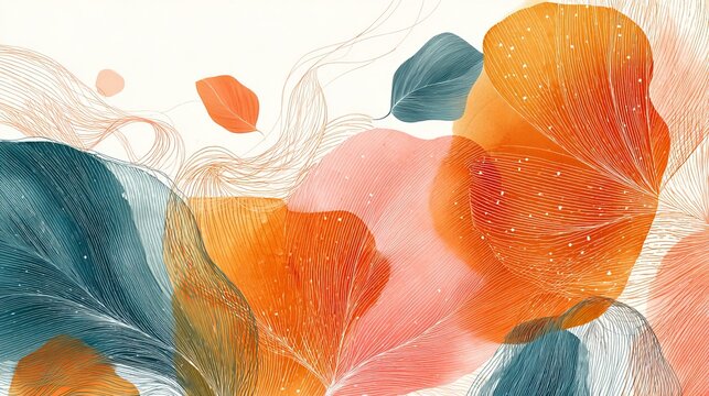 Elegant artistic background featuring fluid organic shapes with delicate golden line art details and soft warm watercolor autumn leaf colors