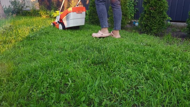 A person is actively engaged in lawn care, pushing a mower across a vibrant green grass area in a residential backyard setting