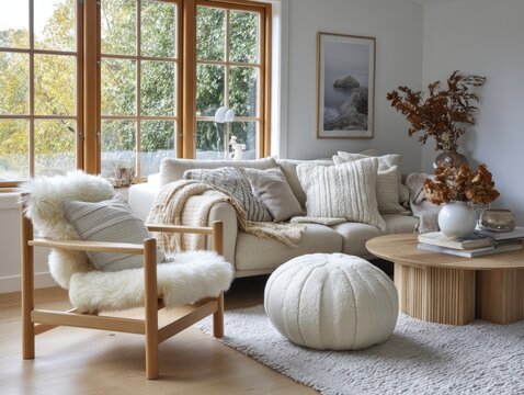 A cozy interior with a window view, couch, chair, ottoman, and decor