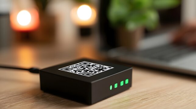 A compact black QR code reader sits on a wooden surface with glowing green indicator lights and warm background lighting