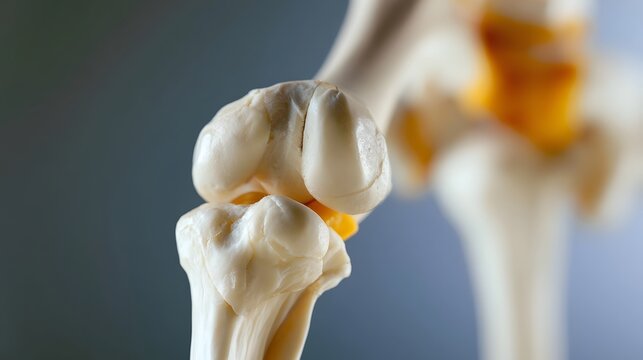 Close up of human knee joint anatomy showing bone structure and cartilage surfaces under clinical lighting