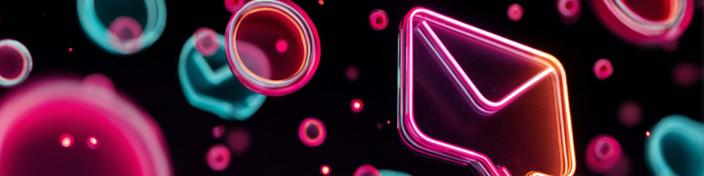 A neon envelope icon with a glowing outline, surrounded by colorful circles and bubbles in shades of pink, red, blue, and green on a black background