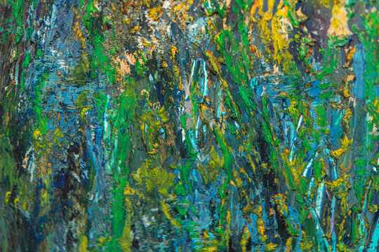 Abstract oil paint texture background full frame close up. Artistic impasto palette with thick strokes of green and blue acrylic paint. Creative arts and design asset.