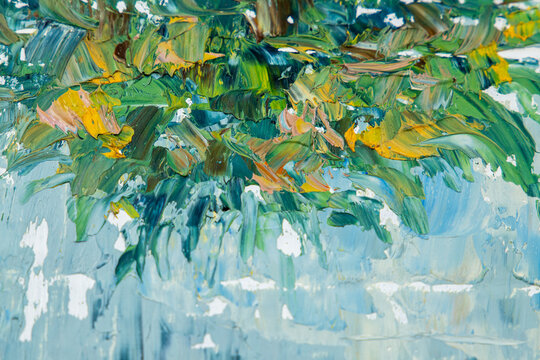 Abstract oil paint texture background full frame close up. Artistic impasto palette with thick strokes of green and blue acrylic paint. Creative arts and design asset.