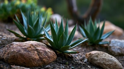 Naklejka premium Succulent plants grow among weathered rocks in a dry landscape under soft natural light creating a calm and textured outdoor scene