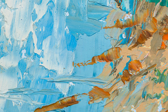Abstract oil paint texture background full frame close up. Artistic impasto palette with thick strokes of blue and orange acrylic paint. Creative arts and design concept.