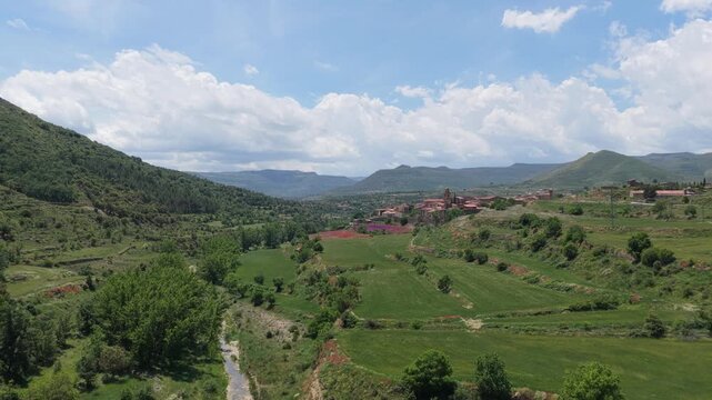 Aerial footage showcasing the picturesque rural landscape surrounding Mirambel, Spain.