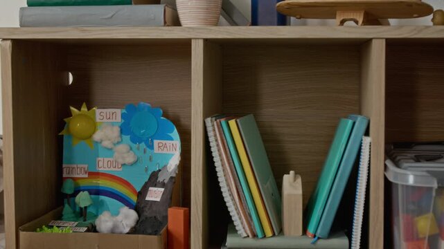 Wooden shelf displaying globe, toy airplanes, and school supplies tilting down to reveal handmade weather cycle project. Clip is ideal for elementary education and homeschooling promotions