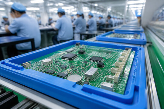 A close-up of a printed circuit board being processed on an automated assembly line in a factory setting.
