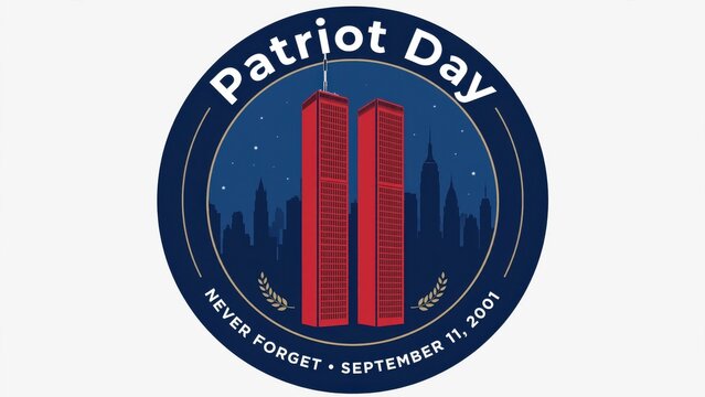 Patriot Day memorial circular emblem featuring twin towers and New York City skyline with Never Forget and September 11 2001 commemorative text