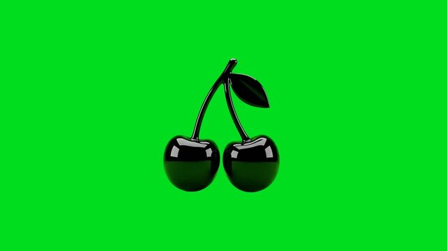 A pair of glossy black cherries isolated against a vibrant green background