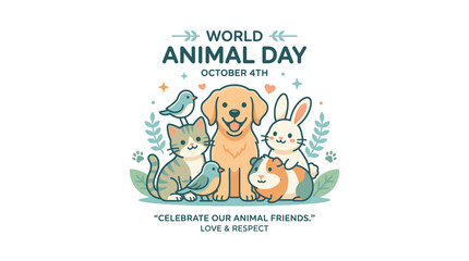 Fototapeta premium World Animal Day celebration poster with cute cartoon pets and birds illustration.