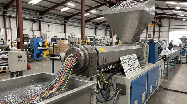 Recycled plastic extrusion machine in industrial factory with processing recycled large industrial factory setting sustainability manufacturing environmental production with technology