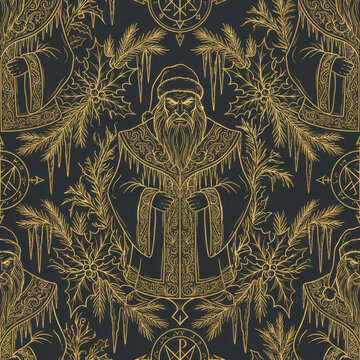 Gothic Yule seamless pattern with golden evil Santa Claus, sinister wizard, holly leaves, pine branches, icicles, and alchemy sigils on dark background