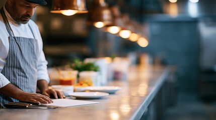 Fototapeta premium Chef reading recipe in professional kitchen