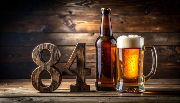Rustic Beer Bottle and Glass with Number 84 &ndash; Birthday and Anniversary Celebration