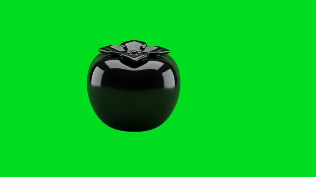 A shiny black ceramic persimmon isolated against a bright green backdrop