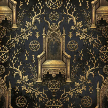Gothic occult seamless pattern with golden horned throne, pentagram sigils, alchemical symbols, and ivy vines on dark background