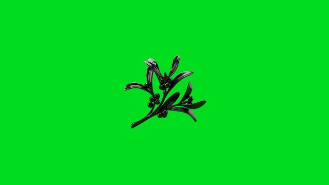 A shiny black metallic mistletoe sprig isolated on a vibrant green background