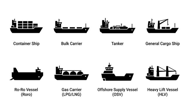 Set of black silhouette icons representing various types of industrial cargo and transport ships.