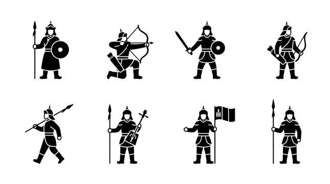 Set of black silhouette icons representing ancient Mongol warriors and nomadic soldiers.