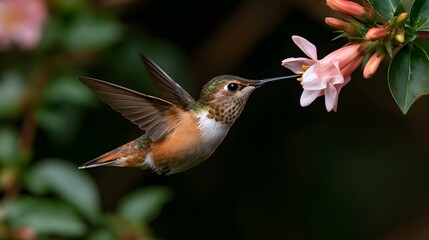 Naklejka premium A hummingbird hovers near a pink flower to sip nectar wings blurred by rapid motion against soft green foliage