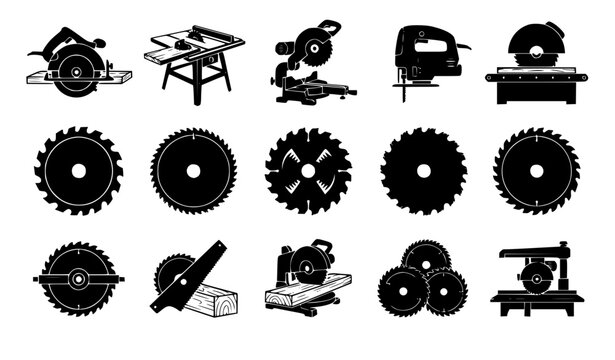 Rotary saw blade and wood cutting silhouette icon collection with circular cutting tools and carpentry equipment