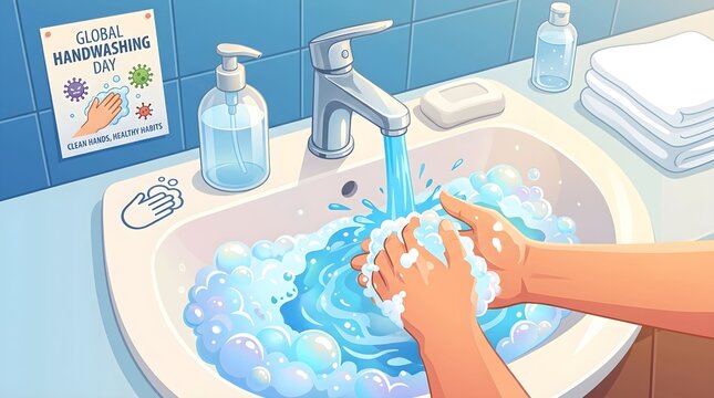 Person washing hands with soap and water for Global Handwashing Day hygiene awareness illustration