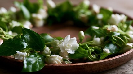 Fototapeta premium A delicate jasmine garland rests on a wooden tray showcasing fresh white blooms and glossy green leaves arranged in an elegant circular pattern