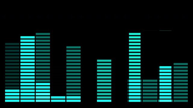 Close up of 12 band hi-fi equalizer on black background.
Macromotion graphics of a twelve band Cyan Tint audio equalizer starting from zero and rising up