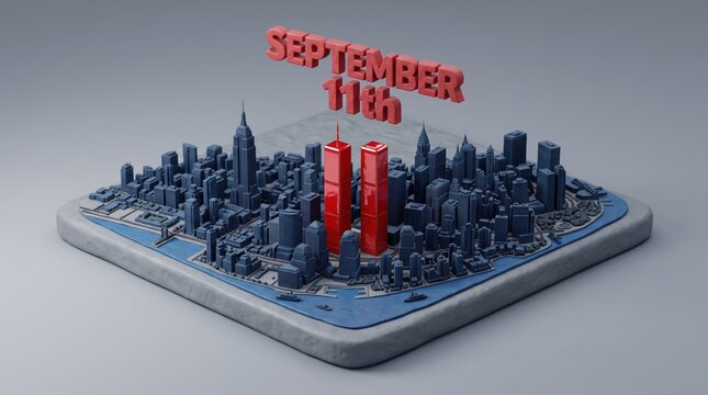 Patriot Day Memorial Commemoration Featuring A Stylized Isometric Miniature Cityscape Design With Two Standing Towers Symbolizing Remembrance