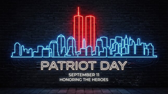 Patriot Day Commemorative Neon Skyline Artwork Honoring The Heroes Of September 11 With A Glowing Artistic Memorial Tribute For Remembrance