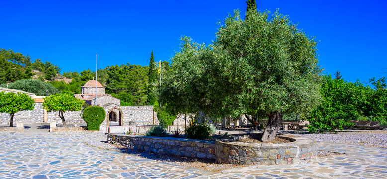 Historic Moni Thari Monastery Surrounded by Nature on Rhodes Island, Greece