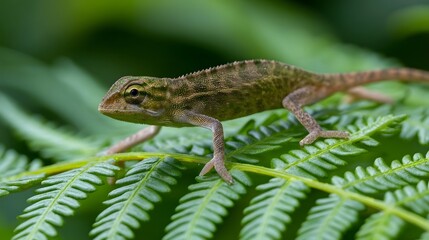 Fototapeta premium A small chameleon perches delicately on a vibrant green fern leaf blending seamlessly into its lush forest environment