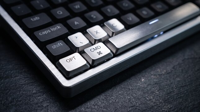 Close-up shot of a modern ergonomic mechanical computer keyboard with metallic modifier keys and dark textured background