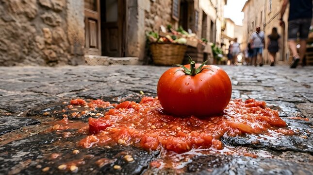 Single ripe red tomato resting on crushed pulp on cobblestone street during La Tomatina festival