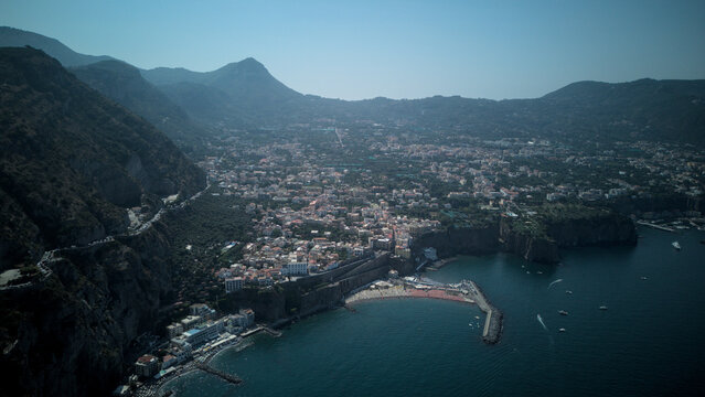 Aerial view of a coastal town on tuff cliffs - Sorrento Coast