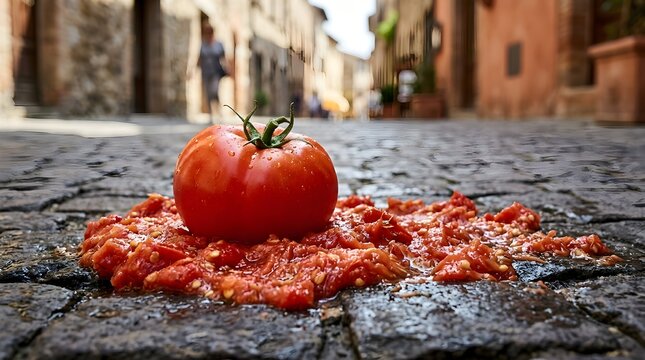 Fresh red tomato on crushed pulp on cobblestone street during La Tomatina Festival in Spain