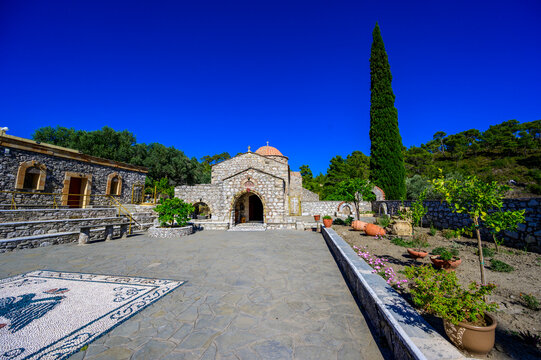 Historic Moni Thari Monastery Surrounded by Nature on Rhodes Island, Greece